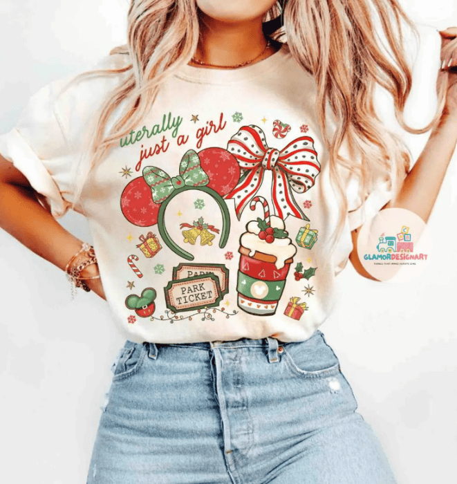 Festive Disney holiday graphic t-shirt with Christmas decor and park ticket design.
