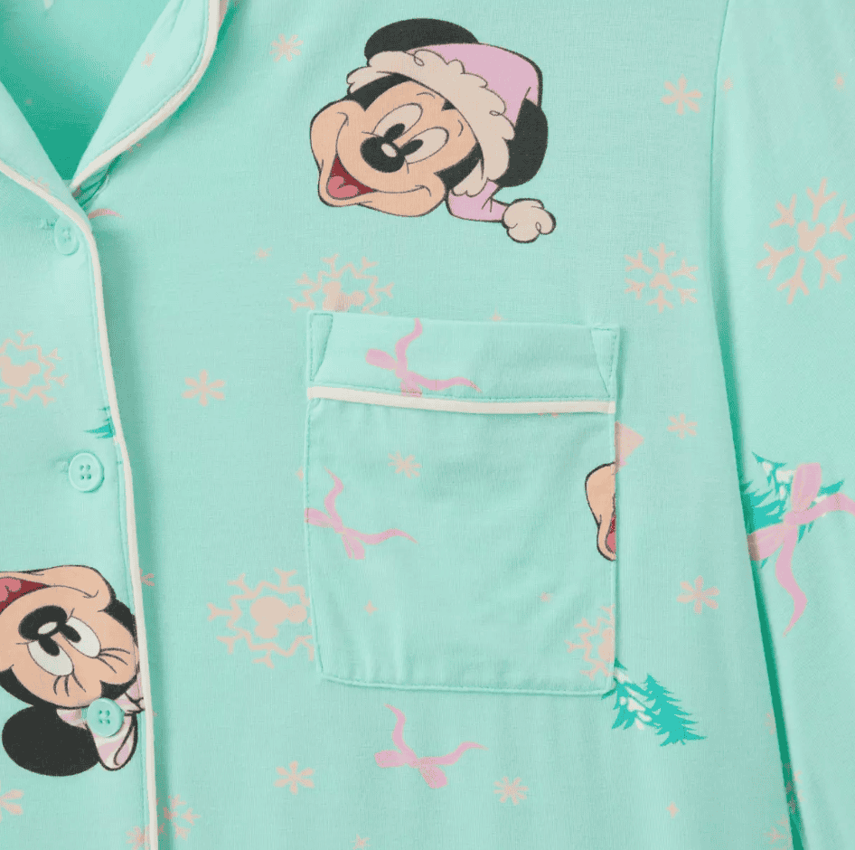 Minnie Mouse pajamas with winter snowflake print and pastel colors, perfect Disney holiday sleepwear.