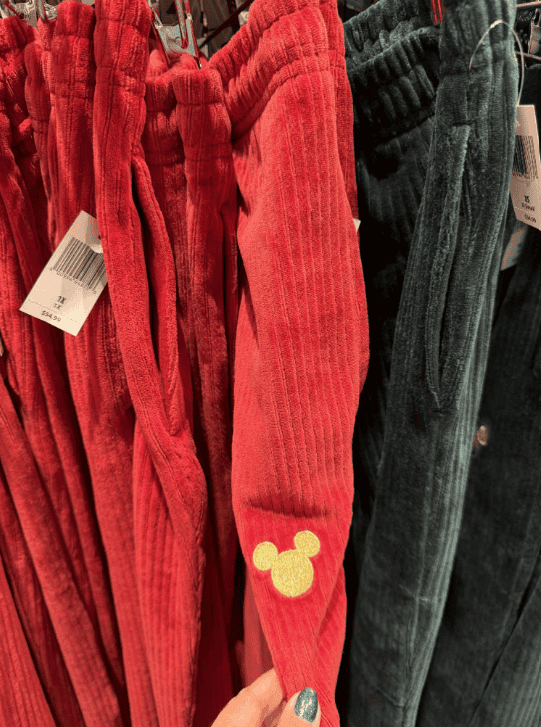 Bright red lounge pants with Mickey Mouse ears embroidered on the cuff. Perfect for Disney fans and casual comfort.