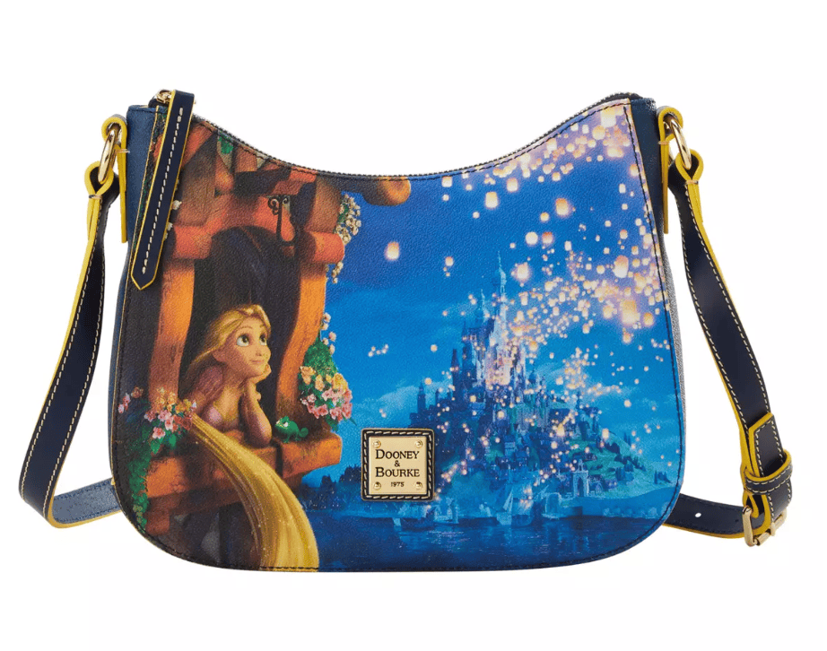 Vibrant Disney Princess Rapunzel handbag featuring a fairy tale castle design. Perfect for Disney fans and fashion lovers.
