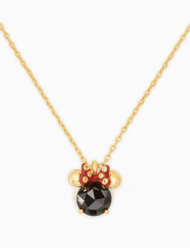 Stylish Disney Minnie Mouse gold necklace with black gemstone pendant. Perfect for Disney fans and fashion lovers.
