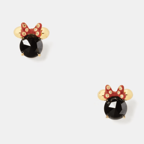 Delicate Minnie Mouse earrings featuring black crystals and red bows with gold accents, perfect Disney-inspired jewelry for fans.
