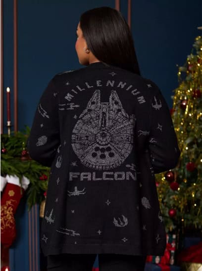 Star Wars Millennium Falcon knit sweater, cozy holiday fashion with Galactic Empire design, perfect for Disney fans during Christmas.