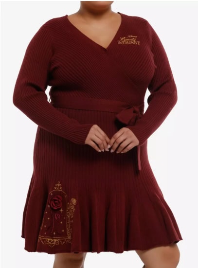 Soft burgundy sweater dress with Disney-themed embroidery, perfect for Disney fashion lovers.