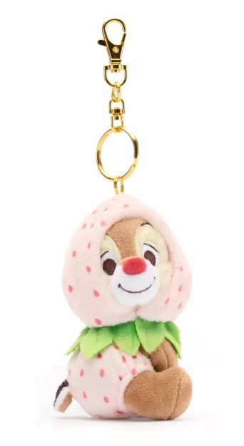 Cute Disney Stitch plush keychain dressed as a strawberry character with green leaves.