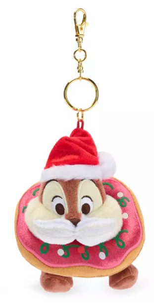 Adorable Chip and Dale donut plush keychain with Christmas Santa hat, perfect Disney accessory for holiday fans.
