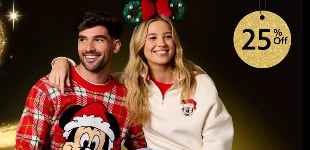 Cheerful holiday Disney themed sweaters for men and women, perfect for Christmas celebrations.