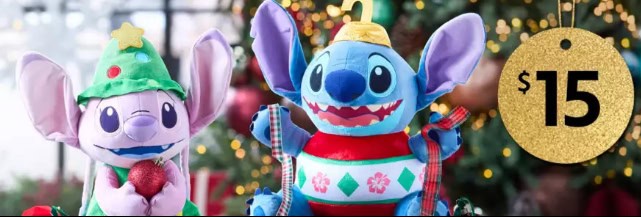 Colorful Disney Christmas plush toys featuring Stitch and friends for holiday cheer.