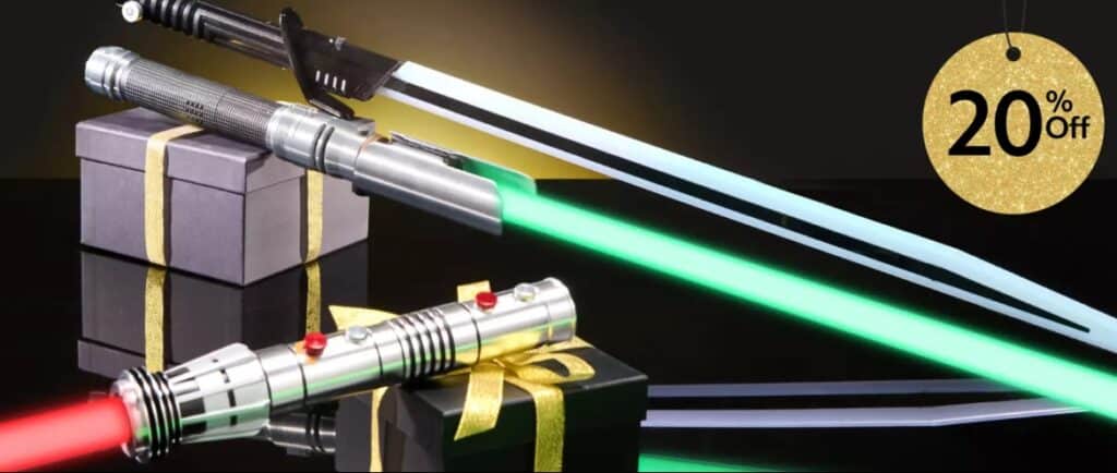 Detailed Star Wars lightsabers with glowing blades and Christmas-themed gift boxes for collectors.