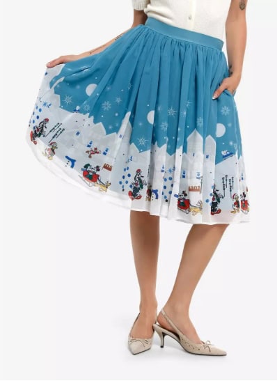 Colorful Disney winter-themed skirt with snowmen and holiday designs, perfect for Disney fashion fans.