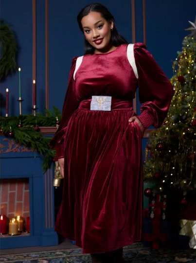 Luxurious velvet holiday dress with Disney princess motif and festive background.