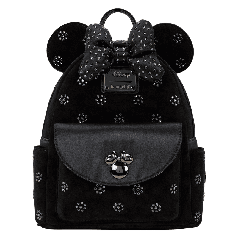Black Minnie Mouse backpack with rhinestone embellishments and bow for Disney fashion and style fans.
