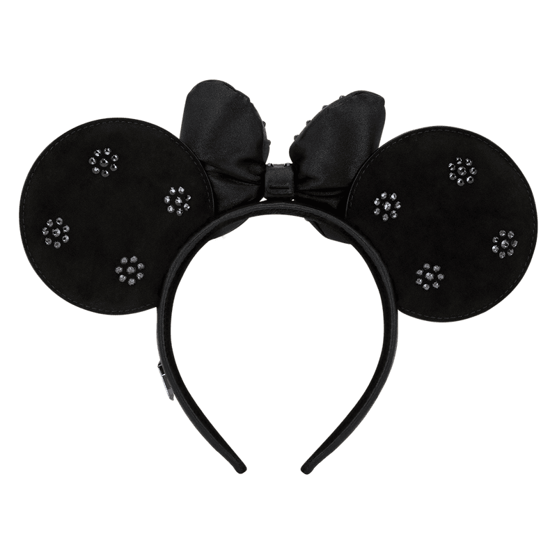 Black Minnie Mouse ears headband with rhinestone details and bow, perfect Disney accessory.