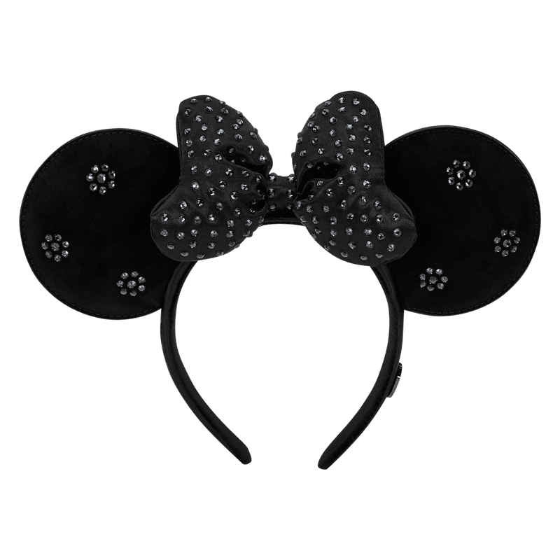 Black Minnie Mouse ear headband with rhinestone bow, perfect Disney costume accessory.