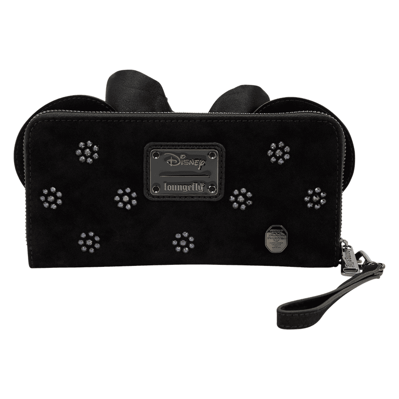 Disney Loungefly Minnie Mouse black clutch purse with rhinestone floral details and wrist strap.