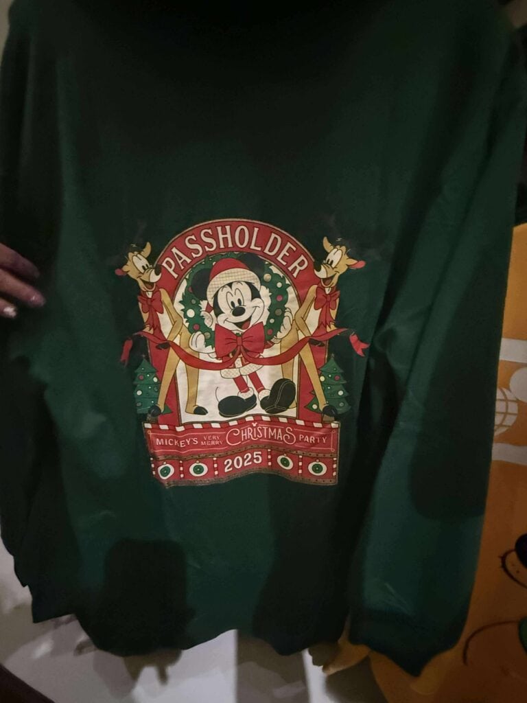 Festive Disney Christmas sweatshirt with Mickey Mouse, Minnie Mouse, and Goofy holiday design.