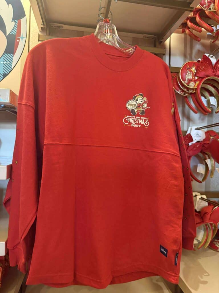 Mickey Christmas party sweatshirt with Disney holiday design and festive red color, perfect for Disney fans.