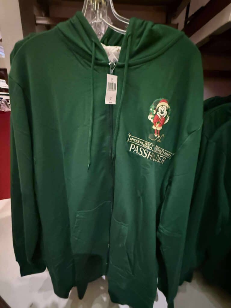 Mickey Mouse holiday passholder hoodie in green, Disney Christmas themed apparel, festive Disney accessories, Disney fan gift idea.