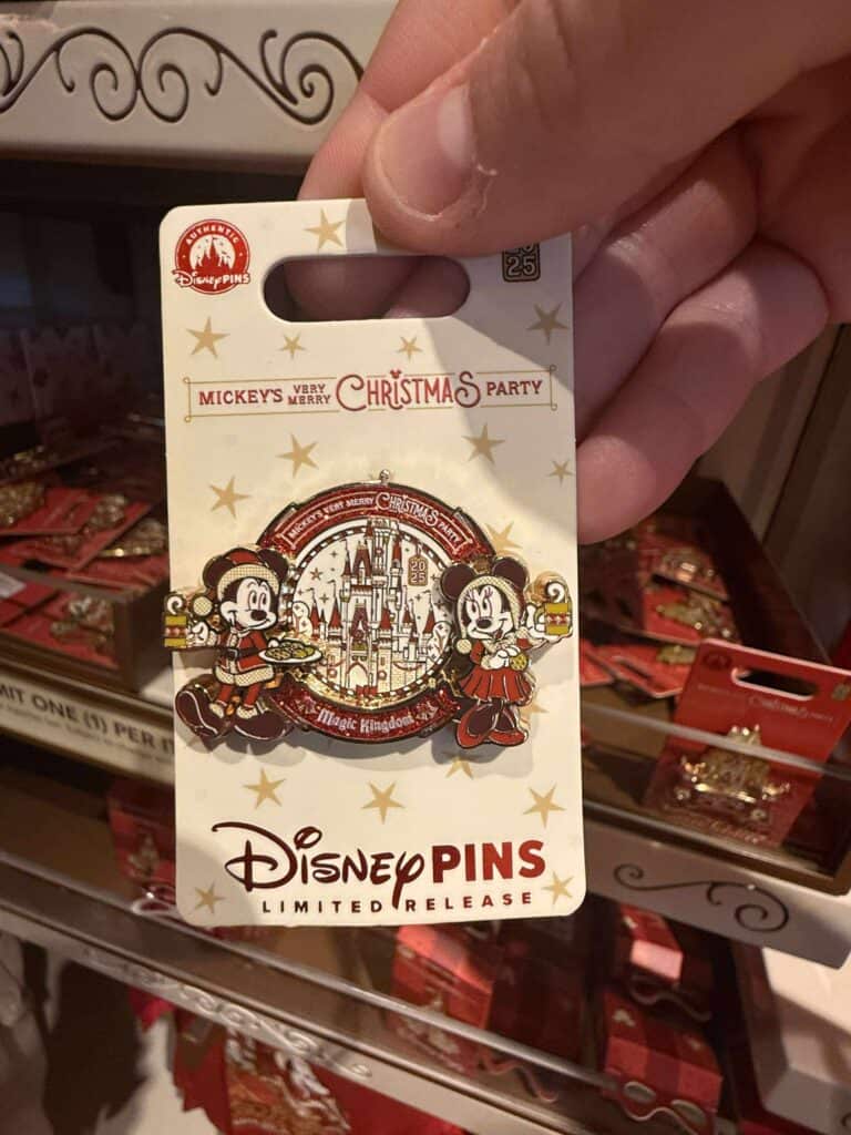 Mickey and Minnie Disney Pins Christmas celebration, limited edition, at Disney theme park.