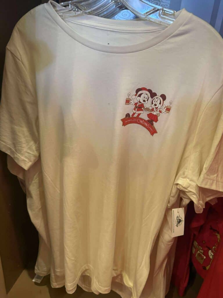 Mickey and Minnie Christmas T-shirt featuring festive Disney characters and holiday design.