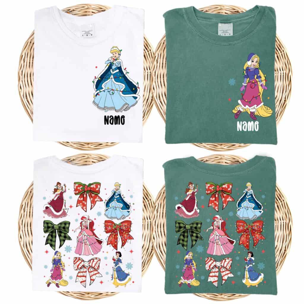 Bright Disney princess holiday t-shirt designs with personalized name options and Christmas bows, perfect for festive fashion.