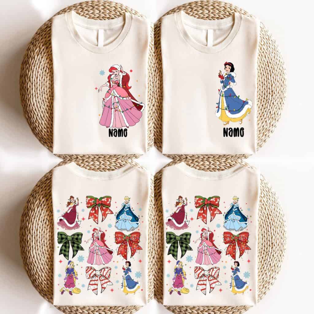 Christmas Disney princess personalized T-shirts with bows and characters, perfect holiday gift.