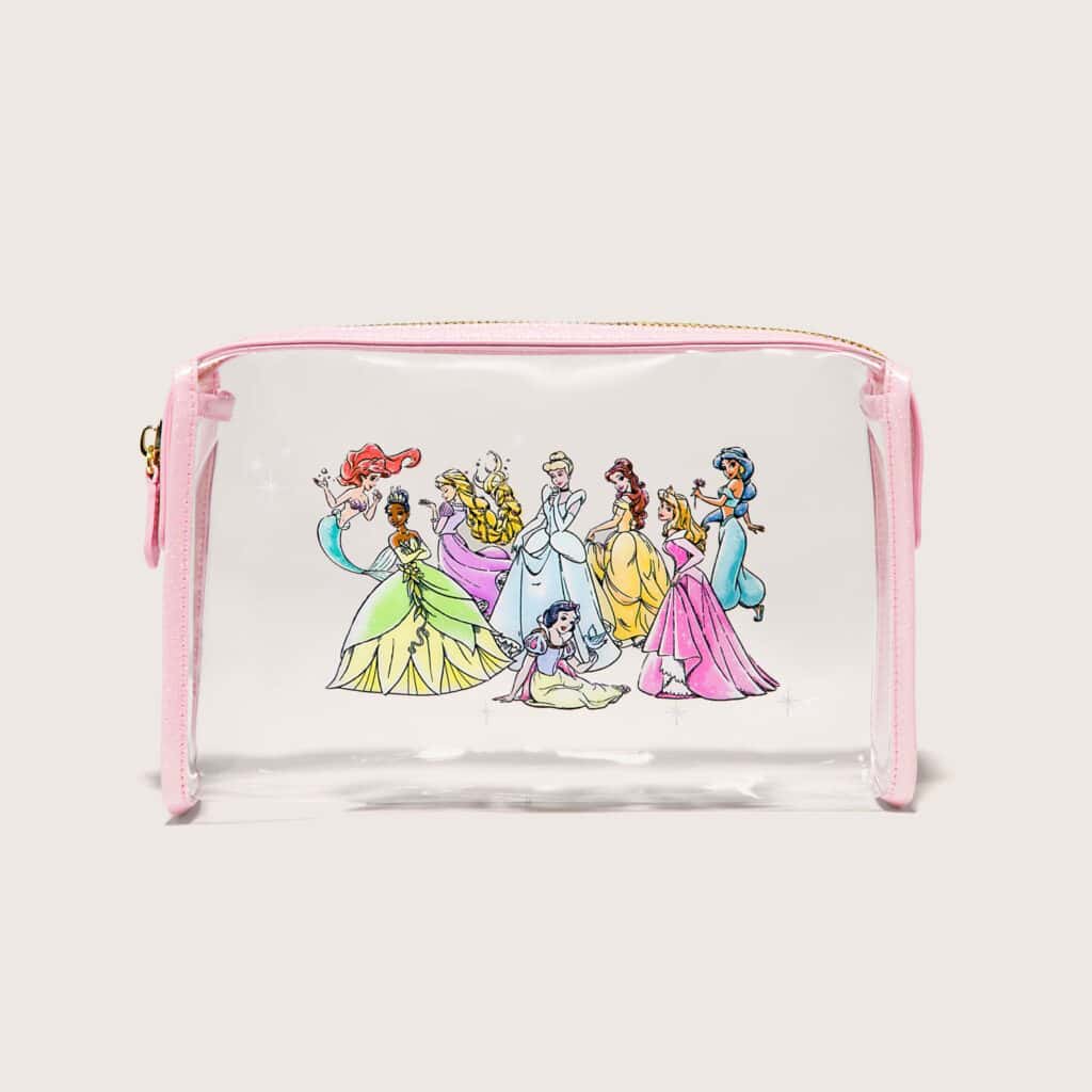 Colorful Disney princess characters on clear cosmetic bag with pink accents. Fun, functional Disney accessories for fans.