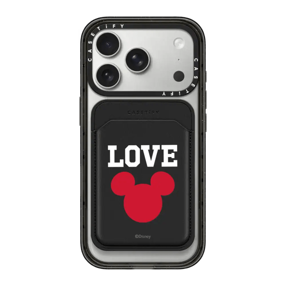 Stylish Disney love phone case with Minnie Mouse silhouette. Perfect for Disney fans and Disney fashion accessories.