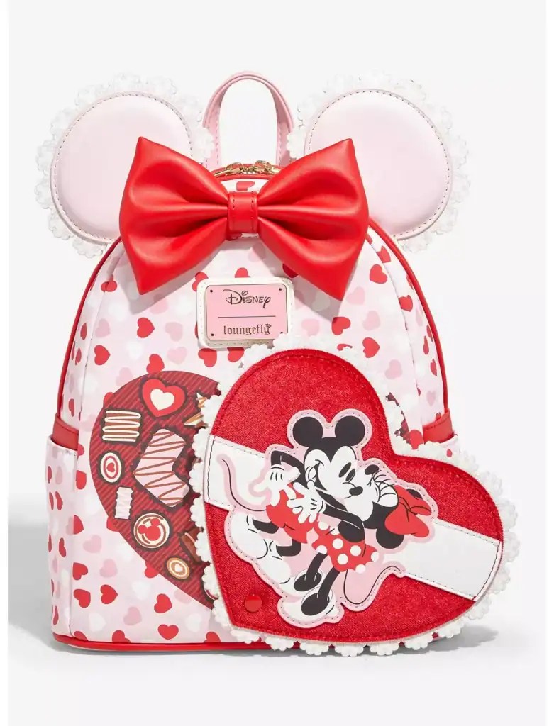 Bright pink and red Minnie Mouse-themed backpack for Disney lovers with heart details.