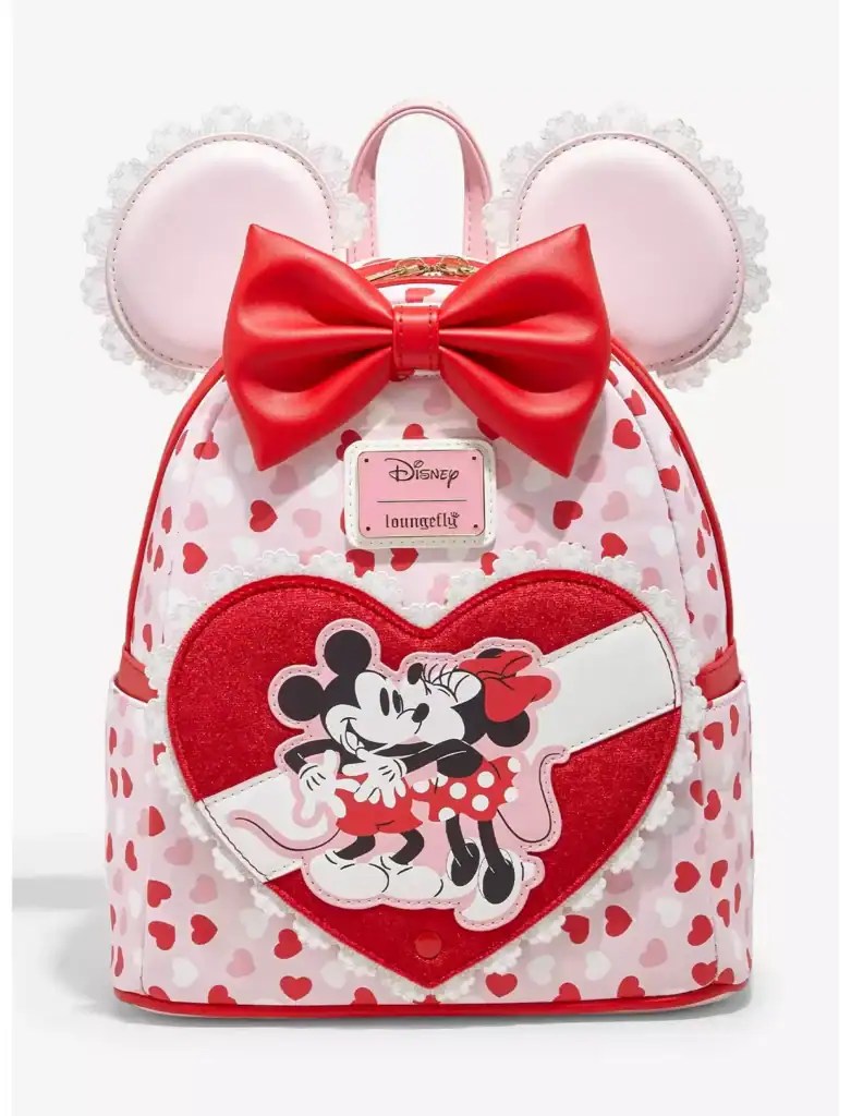 Minnie Mouse backpack featuring a heart patch, red bow, and Disney theme for girls' fashion.