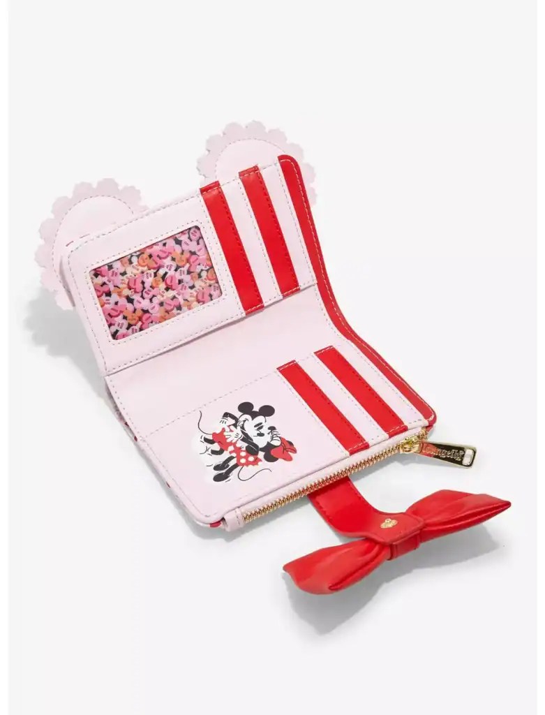 Cute Disney Minnie Mouse-themed wallet with red and pink colors, featuring character graphics, zipper closure, and card slots.