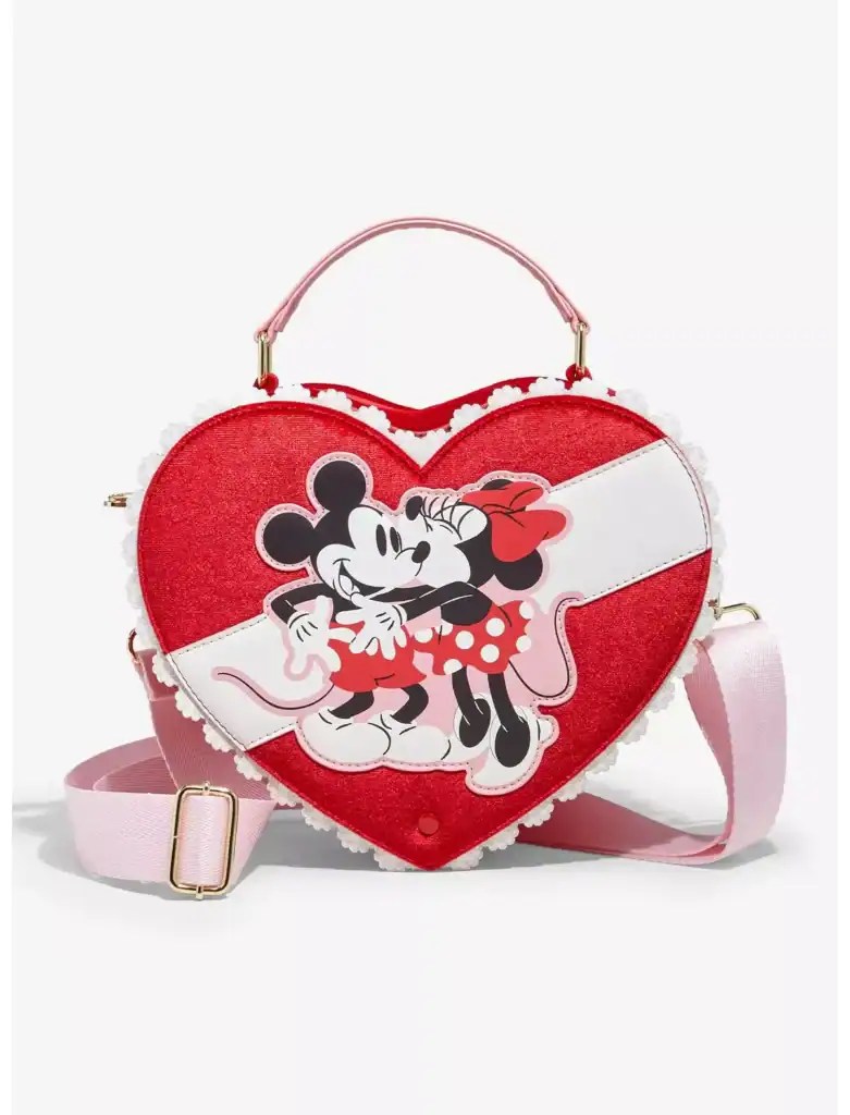 Disney Mickey and Minnie Mouse heart-shaped fashion bag with detailed embroidery and adjustable strap.