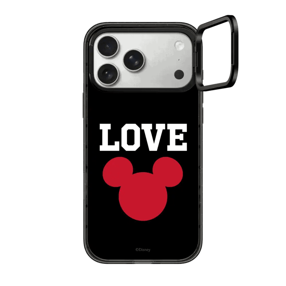 Stylish black phone case with Mickey Mouse ears and "LOVE" text, perfect for Disney fans and Mickey Mouse lovers.