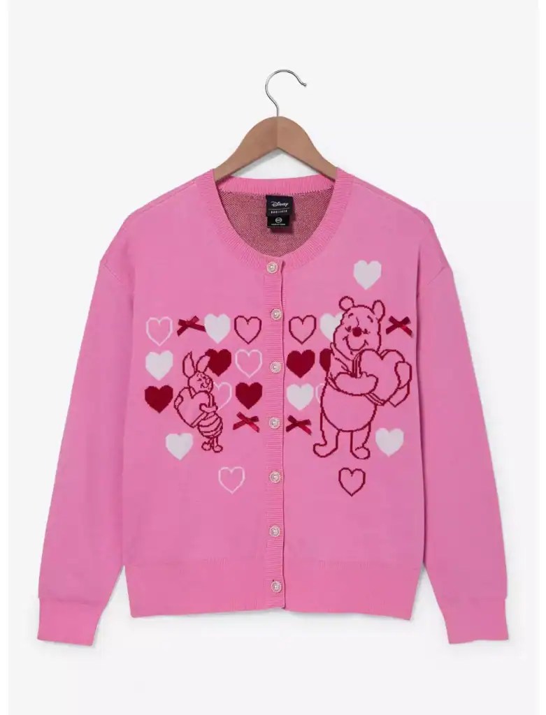 Pink Disney Mickey Valentine's Day cardigan with heart and character embroidery.