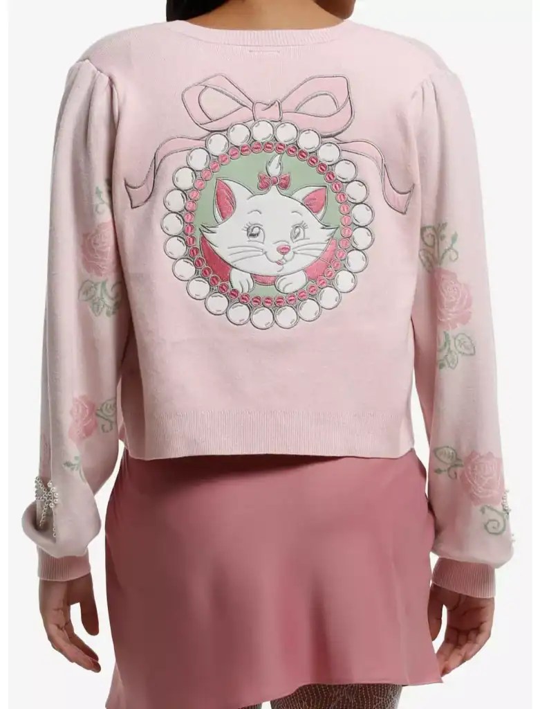 Cute pink Disney-themed sweater featuring a whimsical cat design surrounded by pearls and floral embroidery, perfect for Disney fashion lovers.