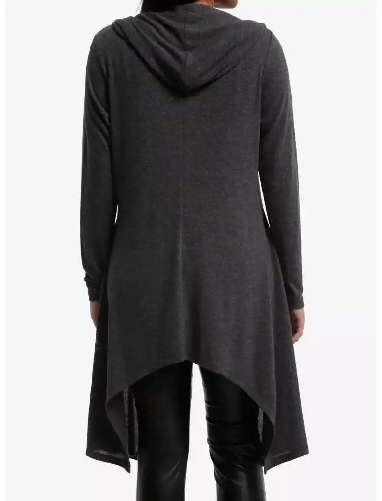 Stylish dark gray hooded long cardigan with high-low hem, perfect for fall fashion.
