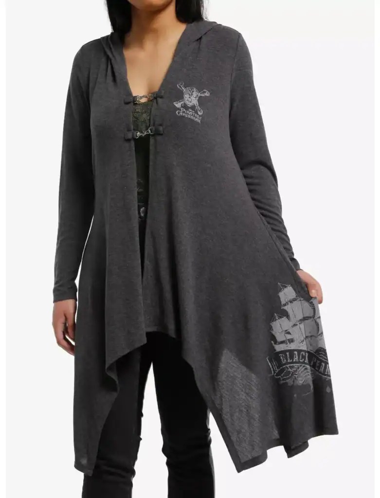 Pirates of the Caribbean themed black cardigan with Jack Sparrow logo, stylish and comfortable.
