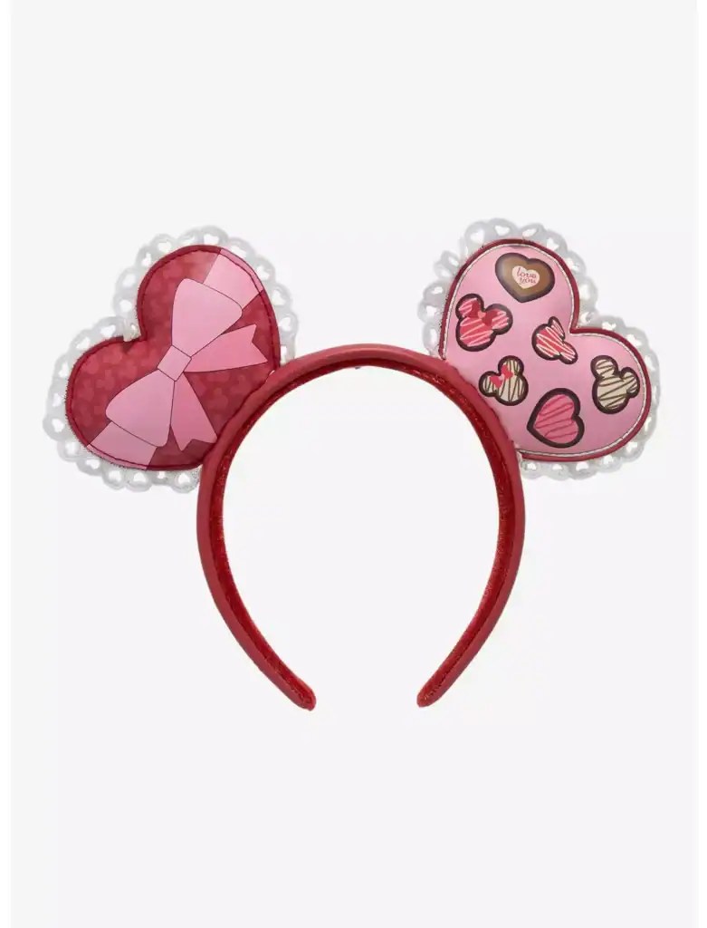 Heart-shaped headband featuring pink and red designs with bow motifs, ideal Disney fashion accessory.
