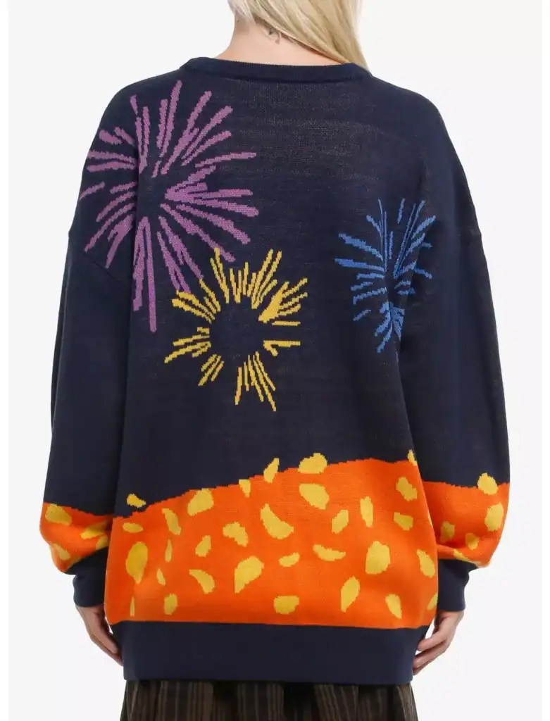 Colorful firework design on navy pullover, vibrant orange and yellow details. Disney fashion inspired knitwear for women.