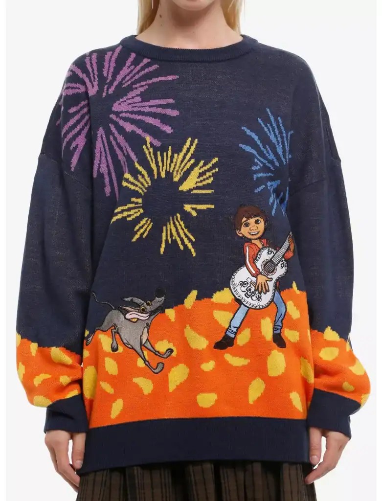 Colorful fireworks-themed sweater featuring a girl with guitar and cartoon dog, perfect for Disney fans.