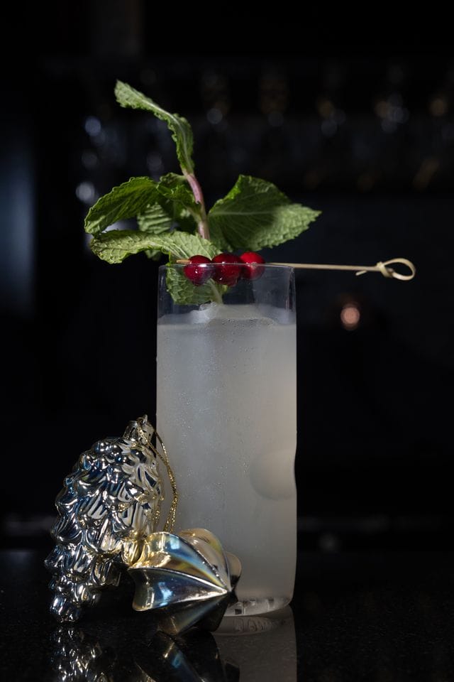 A tall glass of mint-infused cocktail garnished with cherries and a mint sprig, perfect for stylish drink lovers.