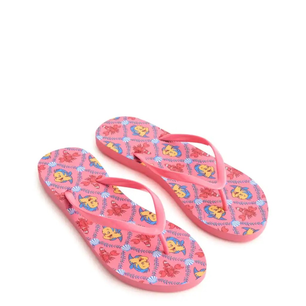 Pink Disney Ariel flip-flops featuring colorful Ariel character design for kids.