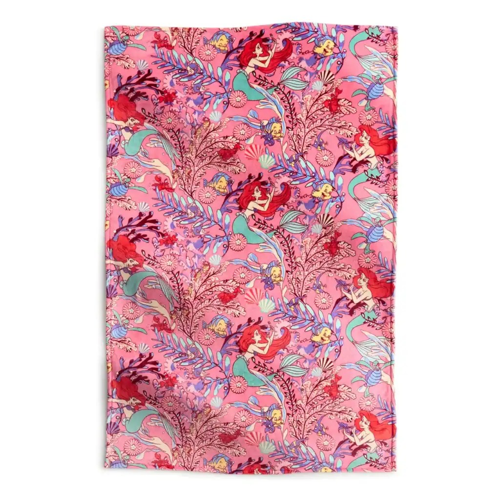 Vibrant pink mermaid-themed scarf featuring Ariel, Flounder, and sea creatures in an enchanting floral design.