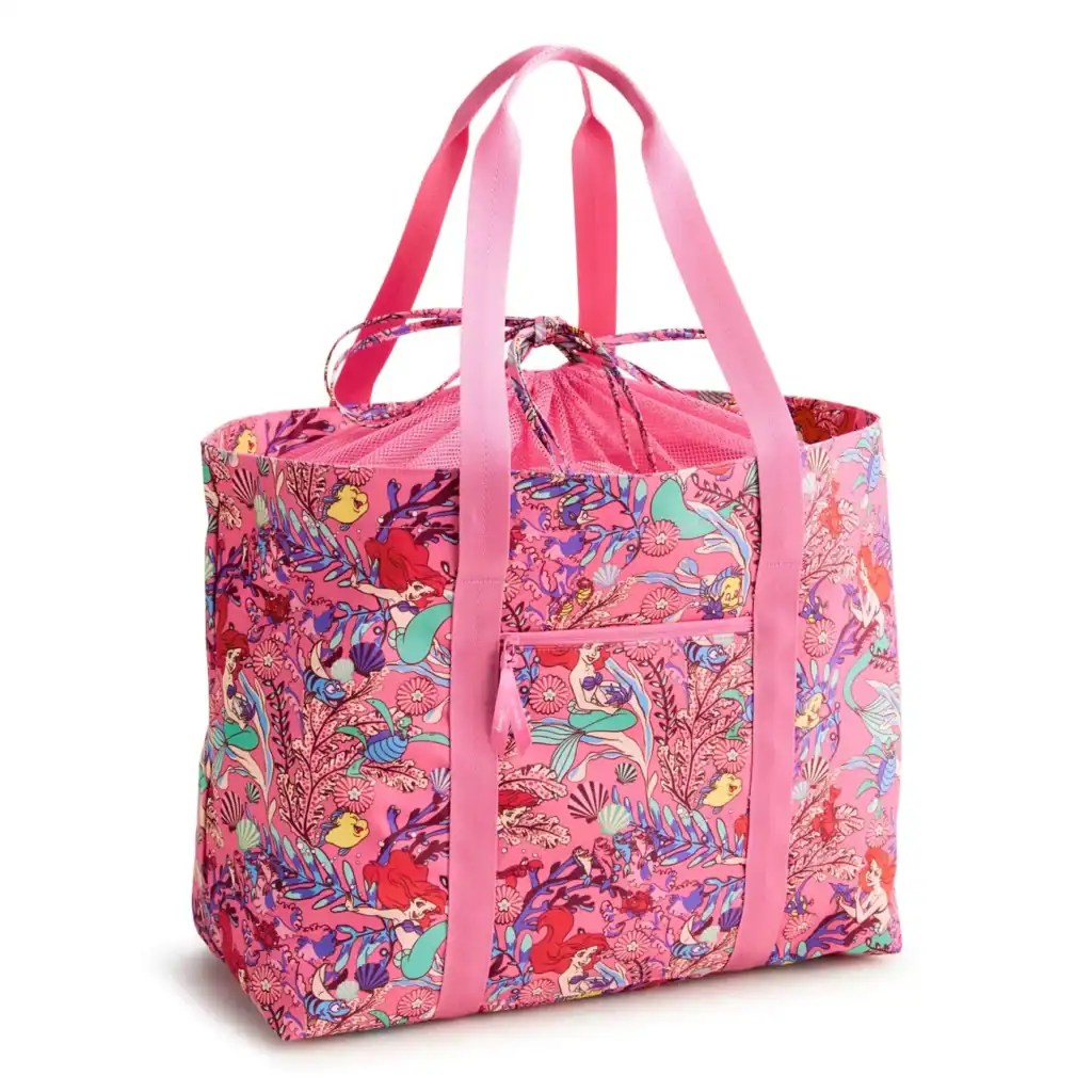 Bright pink Disney Princess tote bag featuring Ariel, Belle, and colorful floral design; ideal for Disney fans and fashion lovers.