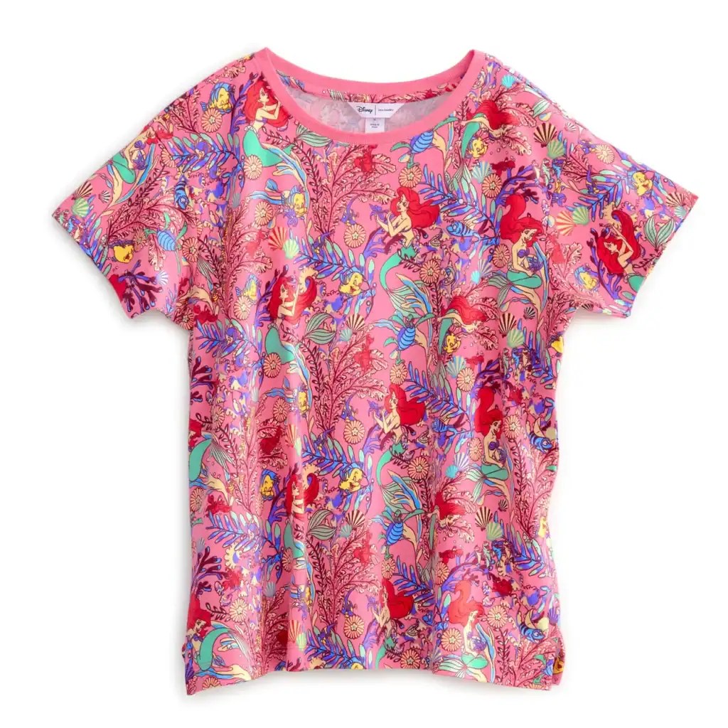Bright pink Disney princess floral T-shirt with Ariel, Belle, and Rapunzel designs. Perfect for Disney fashion lovers.