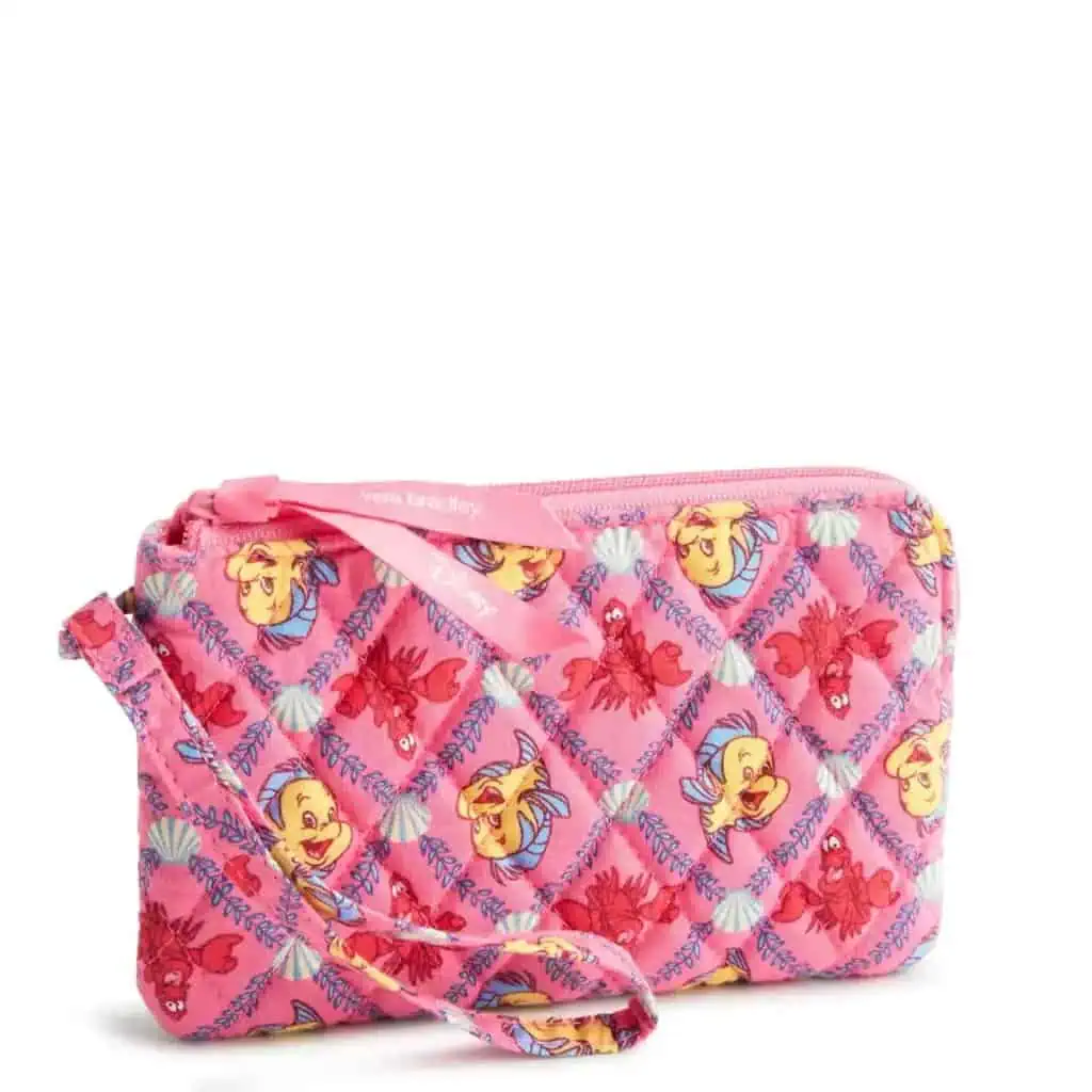Luxury Disney Ariel themed quilted crossbody bag featuring vibrant character prints and a pink strap.