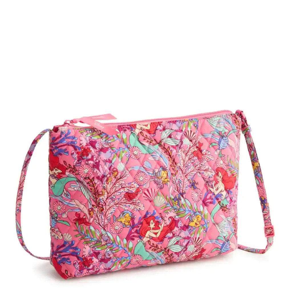 Pink Disney Princess quilted bag with vibrant floral and Ariel, Belle, and Rapunzel characters, perfect for kids.
