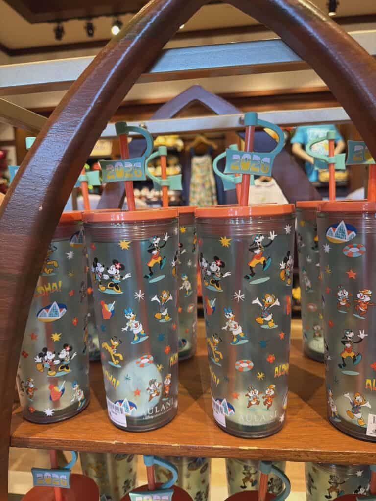 Colorful Disney characters design on Disney summer tumbler featuring Mickey Mouse, Donald Duck, and Goofy.