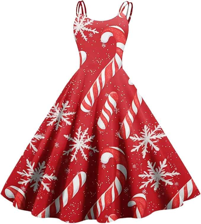 Holiday dress with candy cane and snowflake design, ideal for Christmas celebrations and Disney fans.