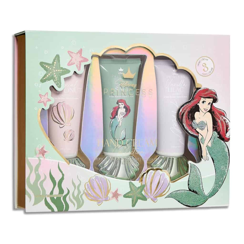 Bright, colorful mermaid-themed hand cream gift box with Ariel design and ocean-inspired packaging.
